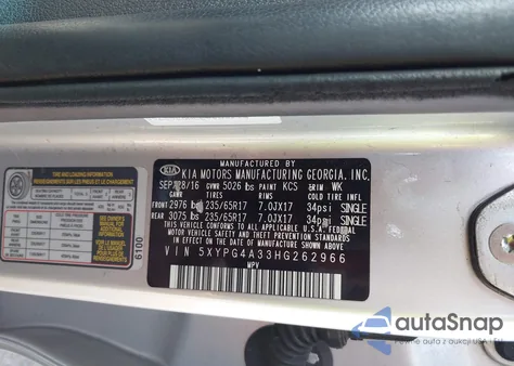 2017 Kia Sorento 2.4L L z USA, uszkodzony, nr VIN 5XYPG4A33HG262966